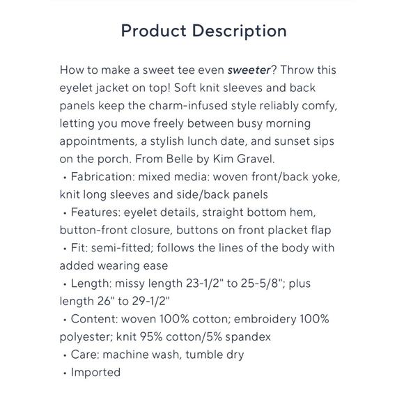 Belle Kim Gravel Lrge Creamsicle Eyelet Jacket Knit Sleeves & Back A683209 NWOT - Picture 7 of 8